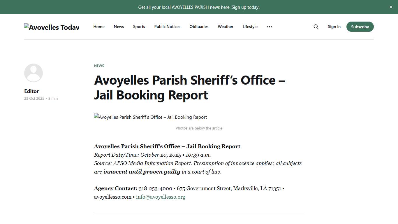 Avoyelles Parish Sheriff’s Office – Jail Booking Report